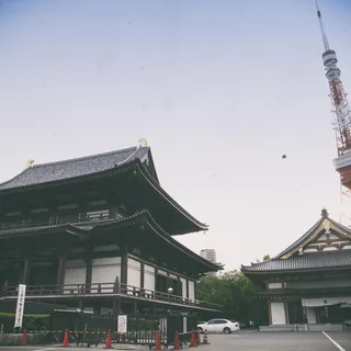 The curved tiled roofs of Zojoji Temple (増上寺), with the red-and-white Tokyo Tower (東京タワー) rising behind them beneath a pale sky.